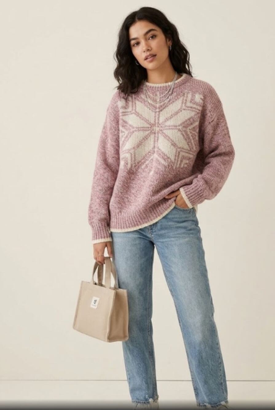 Vintage American Eagle Wool Sweater Made USA Pink Snowflake Crew Neck